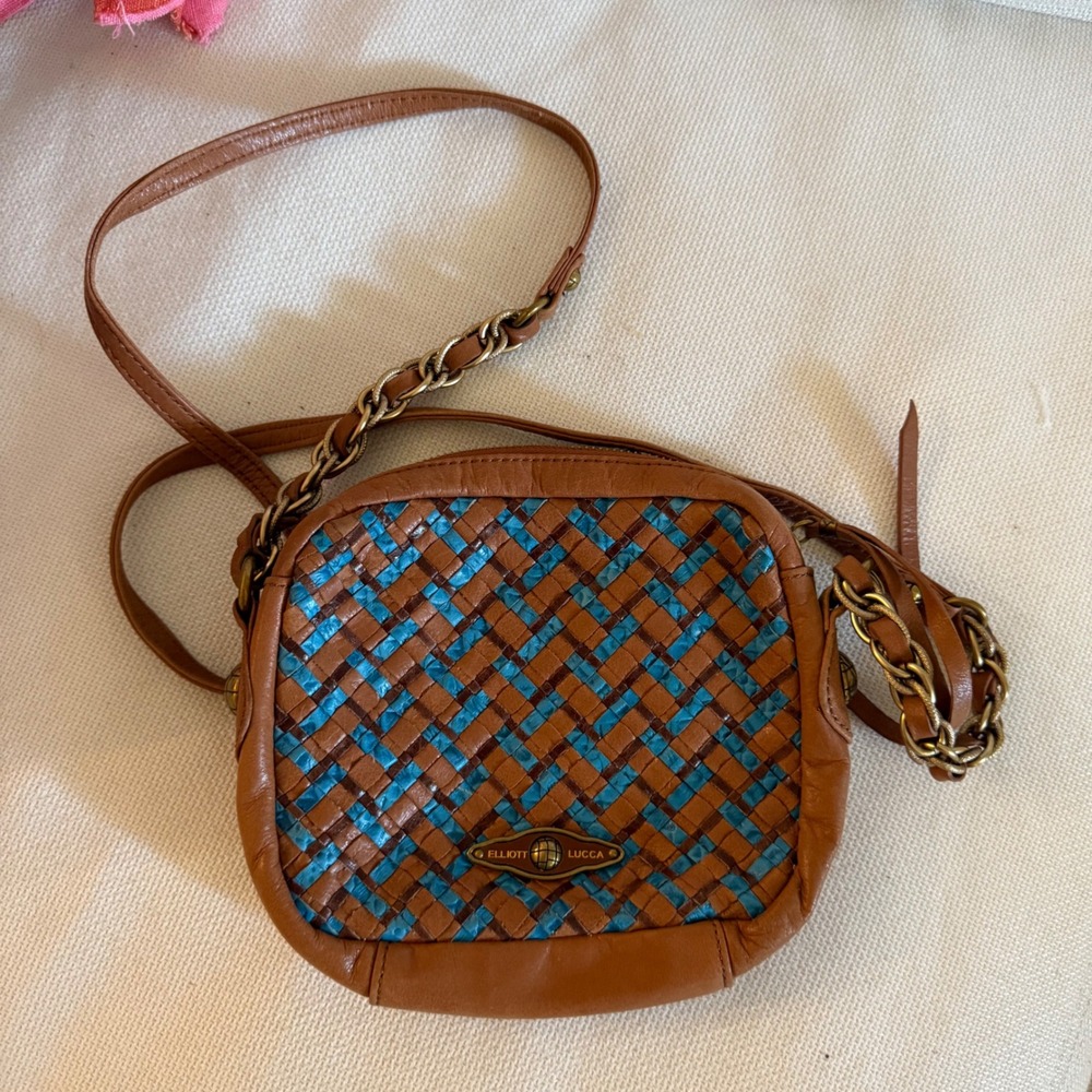 Elliott Lucca Brown Blue Weave Leather Crossbody Purse Bag brass gold chain zip - Picture 9 of 11